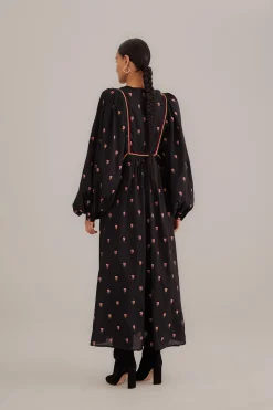 FARM Rio BLACK FLORAL EMBROIDERED V NECK MAXI DRESS