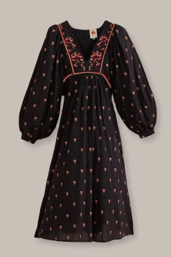 FARM Rio BLACK FLORAL EMBROIDERED V NECK MAXI DRESS