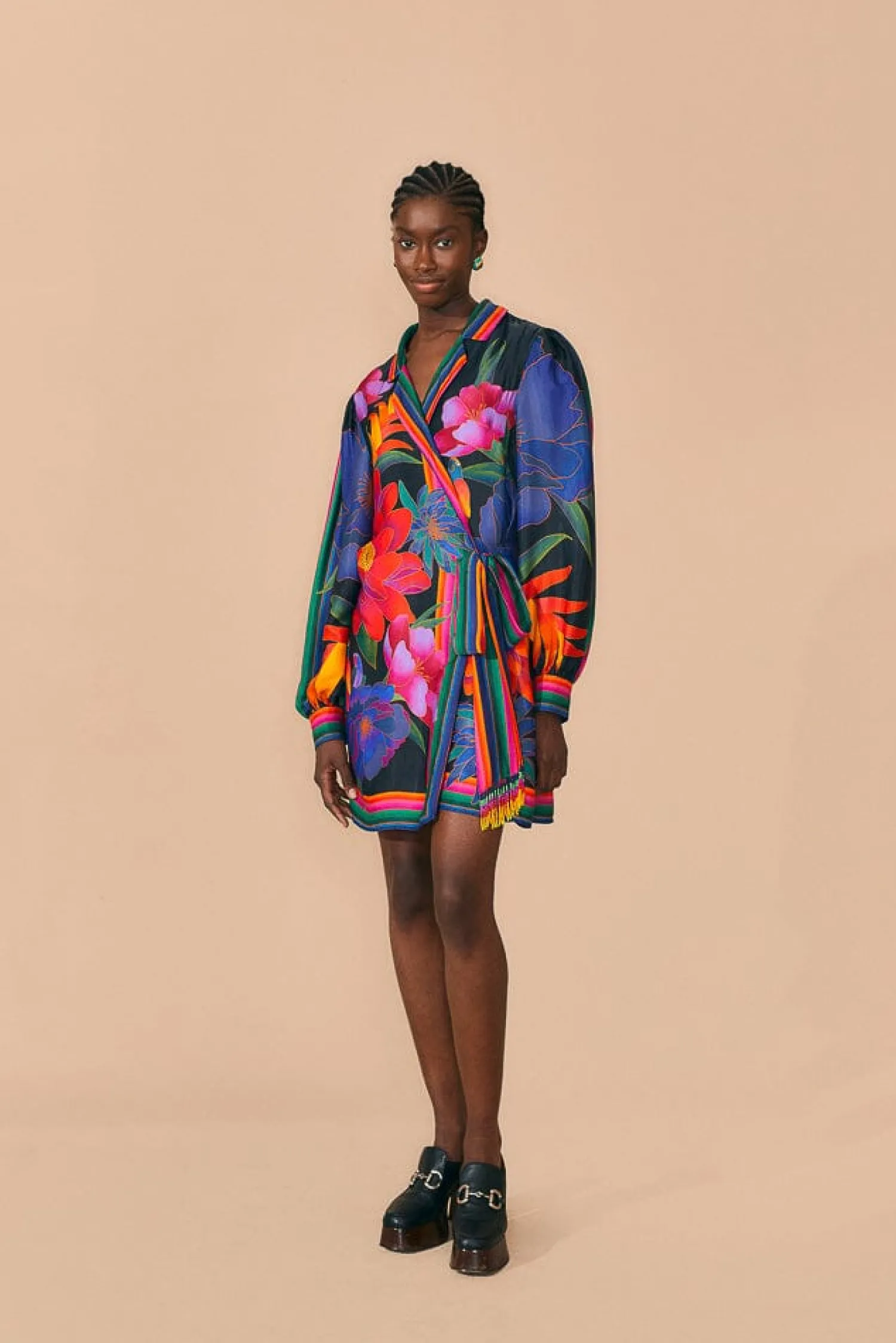 FARM Rio BLACK FLOWER SEASON SCARF MINI WRAP DRESS
