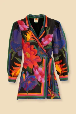 FARM Rio BLACK FLOWER SEASON SCARF MINI WRAP DRESS