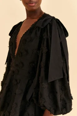 FARM Rio  BLACK FLOWERS TEXTURED TIERED MIDI DRESS