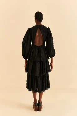 FARM Rio  BLACK FLOWERS TEXTURED TIERED MIDI DRESS