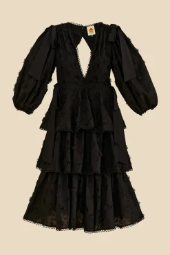 FARM Rio  BLACK FLOWERS TEXTURED TIERED MIDI DRESS