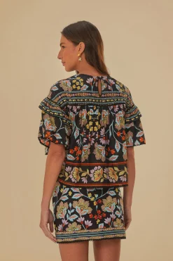 FARM Rio  BLACK FLOWERY RUFFLE BLOUSE