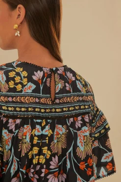 FARM Rio  BLACK FLOWERY RUFFLE BLOUSE