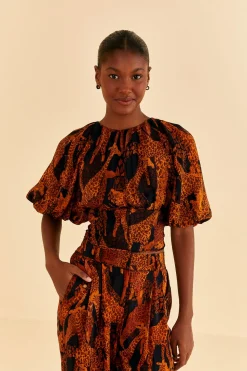 FARM Rio BLACK GIRAFFES PUFF SLEEVE BLOUSE