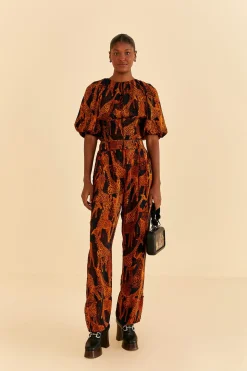 FARM Rio  BLACK GIRAFFES PUFF SLEEVE BLOUSE