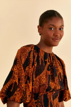 FARM Rio  BLACK GIRAFFES PUFF SLEEVE BLOUSE