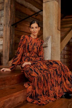 FARM Rio BLACK GIRAFFES PUFF SLEEVE MAXI DRESS