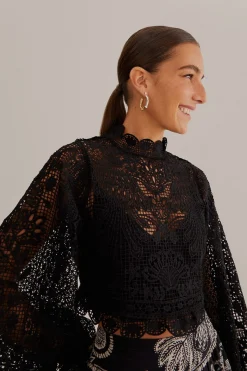 FARM Rio  BLACK GUIPURE LONG SLEEVE BLOUSE