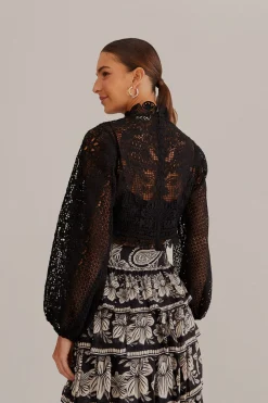 FARM Rio  BLACK GUIPURE LONG SLEEVE BLOUSE