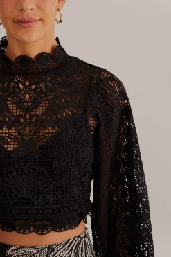 FARM Rio  BLACK GUIPURE LONG SLEEVE BLOUSE