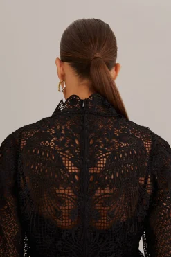 FARM Rio  BLACK GUIPURE LONG SLEEVE BLOUSE
