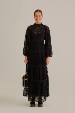 FARM Rio BLACK GUIPURE LONG SLEEVE MAXI DRESS