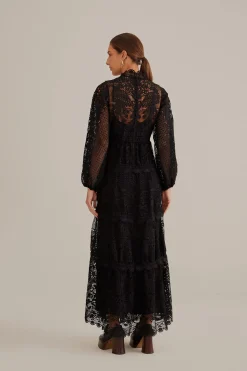 FARM Rio BLACK GUIPURE LONG SLEEVE MAXI DRESS