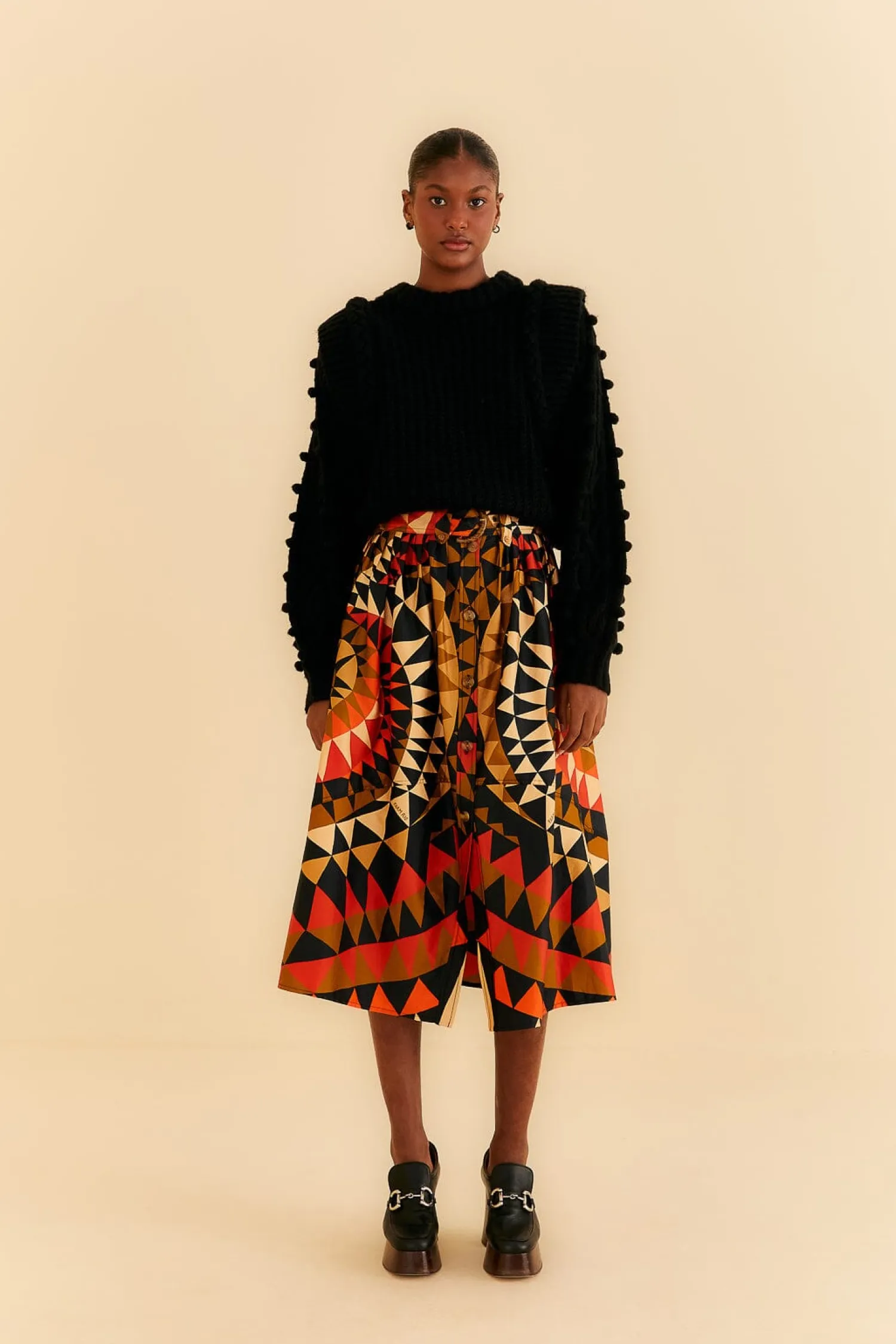 FARM Rio BLACK HEART DECO BUTTON DOWN MIDI SKIRT