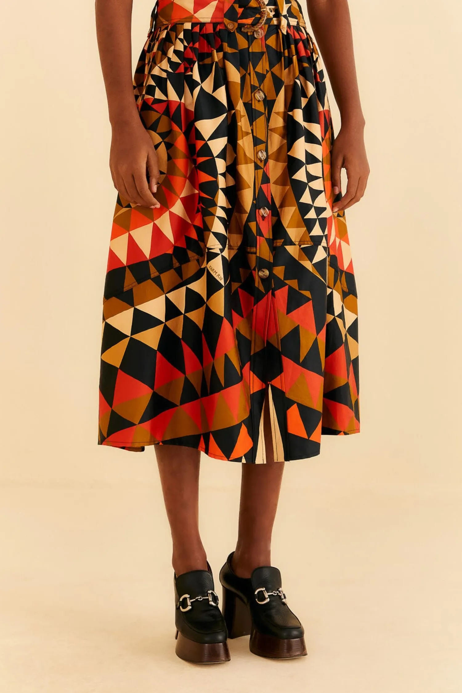 FARM Rio BLACK HEART DECO BUTTON DOWN MIDI SKIRT
