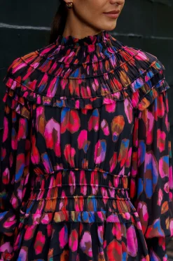 FARM Rio  BLACK IRIDESCENT LEOPARDS RUFFLE MINI DRESS