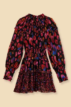 FARM Rio  BLACK IRIDESCENT LEOPARDS RUFFLE MINI DRESS