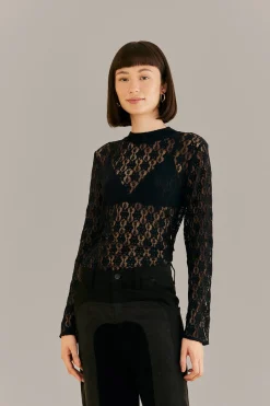 FARM Rio  BLACK LACE LONG SLEEVE BLOUSE