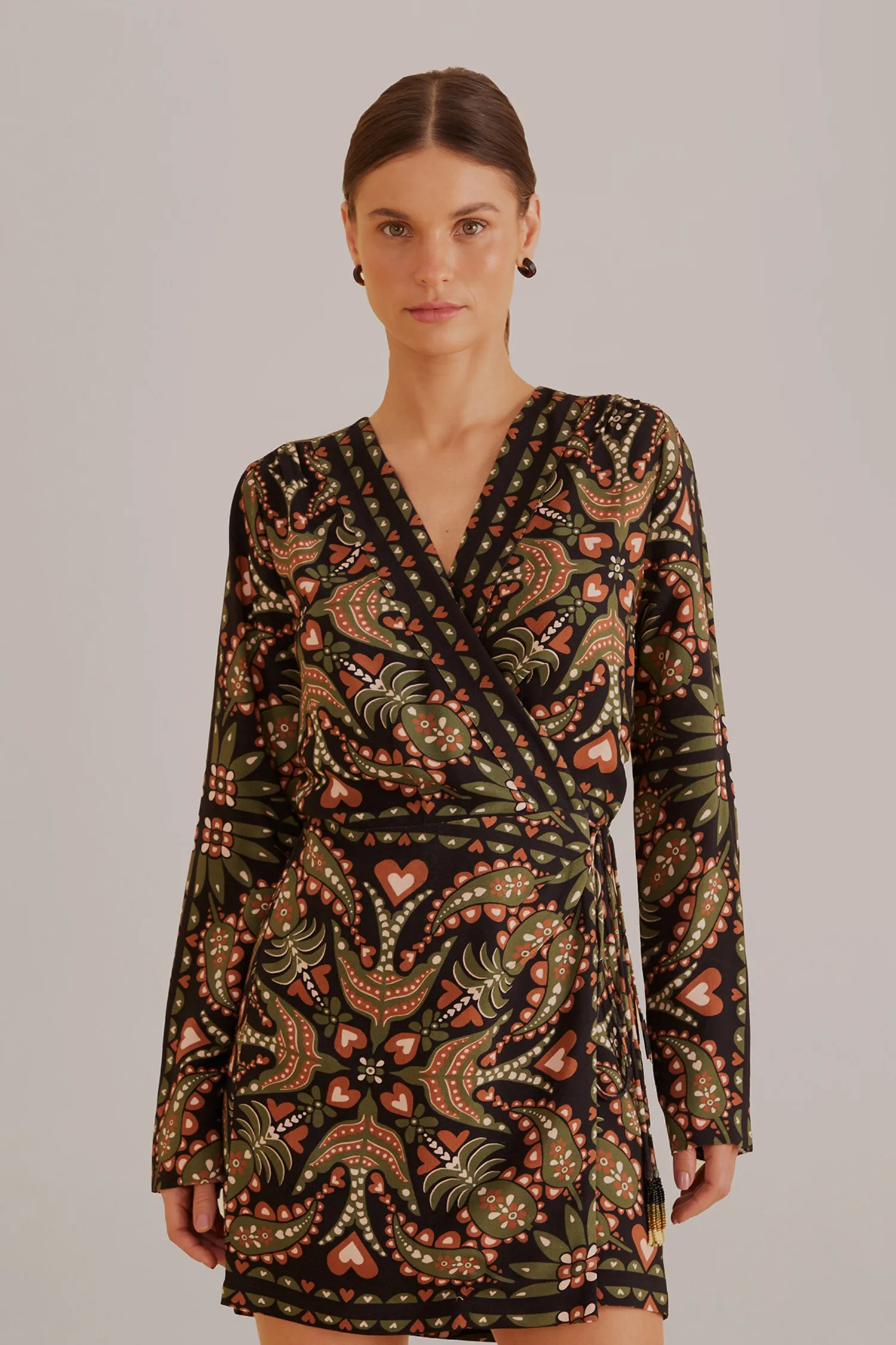 FARM Rio BLACK MARTINA SCARF LONG SLEEVE WRAP MINI DRESS