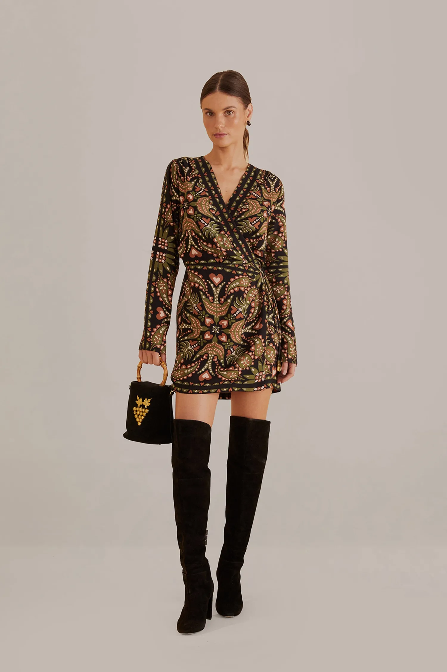 FARM Rio BLACK MARTINA SCARF LONG SLEEVE WRAP MINI DRESS