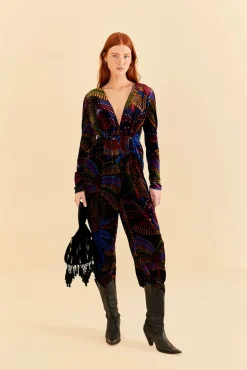 FARM Rio BLACK MIDNIGHT ISLAND V NECK VELVET JUMPSUIT