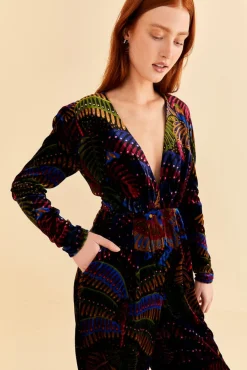 FARM Rio  BLACK MIDNIGHT ISLAND V NECK VELVET JUMPSUIT
