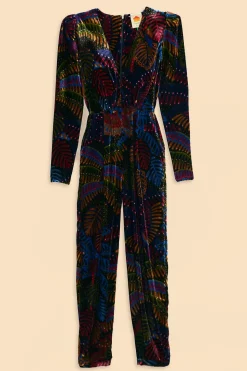 FARM Rio  BLACK MIDNIGHT ISLAND V NECK VELVET JUMPSUIT