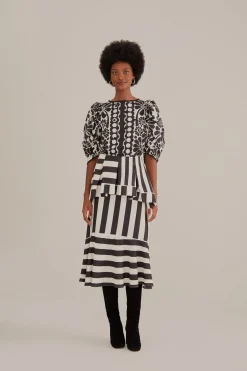 FARM Rio BLACK MIXED STRIPES MIDI SKIRT