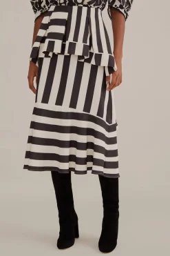 FARM Rio  BLACK MIXED STRIPES MIDI SKIRT