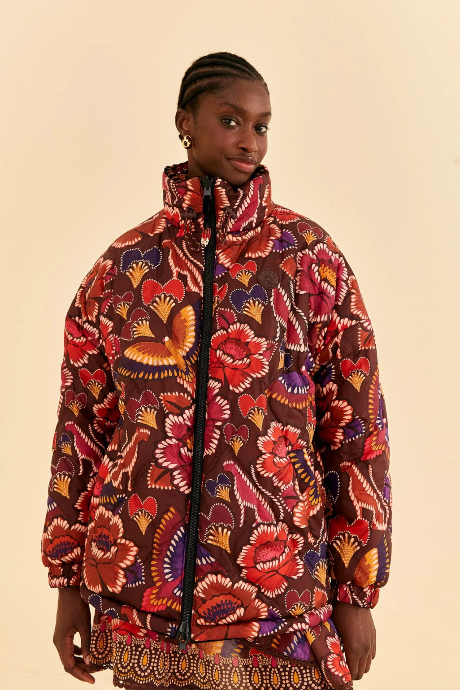 FARM Rio BLACK NATURE BEAUTY EMBROIDERED PUFFER JACKET