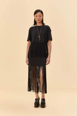 FARM Rio BLACK ORGANIC COTTON FRINGE MIDI SKIRT