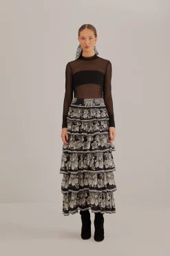 FARM Rio BLACK PAISLEY BLOOM TIERED SKIRT