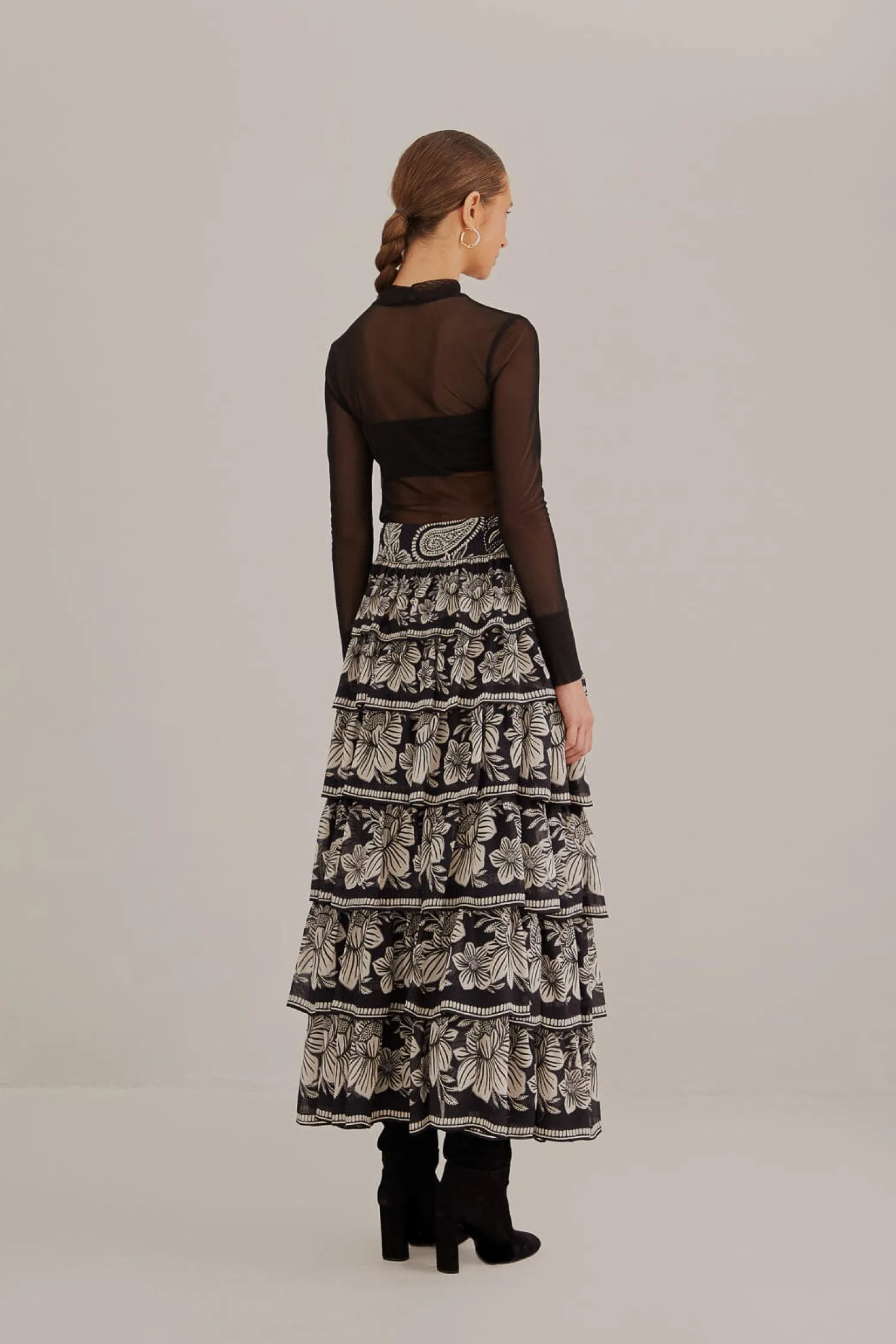FARM Rio BLACK PAISLEY BLOOM TIERED SKIRT