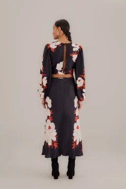FARM Rio  BLACK PEONY FRINGE MIDI SKIRT