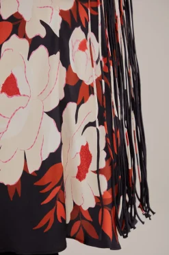 FARM Rio  BLACK PEONY FRINGE MIDI SKIRT
