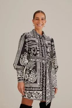 FARM Rio BLACK PINEAPPLE GARDEN LONG SLEEVE SHIRTDRESS