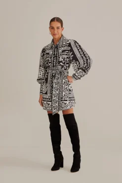 FARM Rio  BLACK PINEAPPLE GARDEN LONG SLEEVE SHIRTDRESS