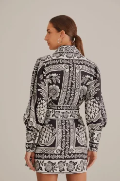 FARM Rio  BLACK PINEAPPLE GARDEN LONG SLEEVE SHIRTDRESS