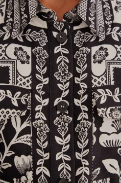 FARM Rio  BLACK PINEAPPLE GARDEN LONG SLEEVE SHIRTDRESS
