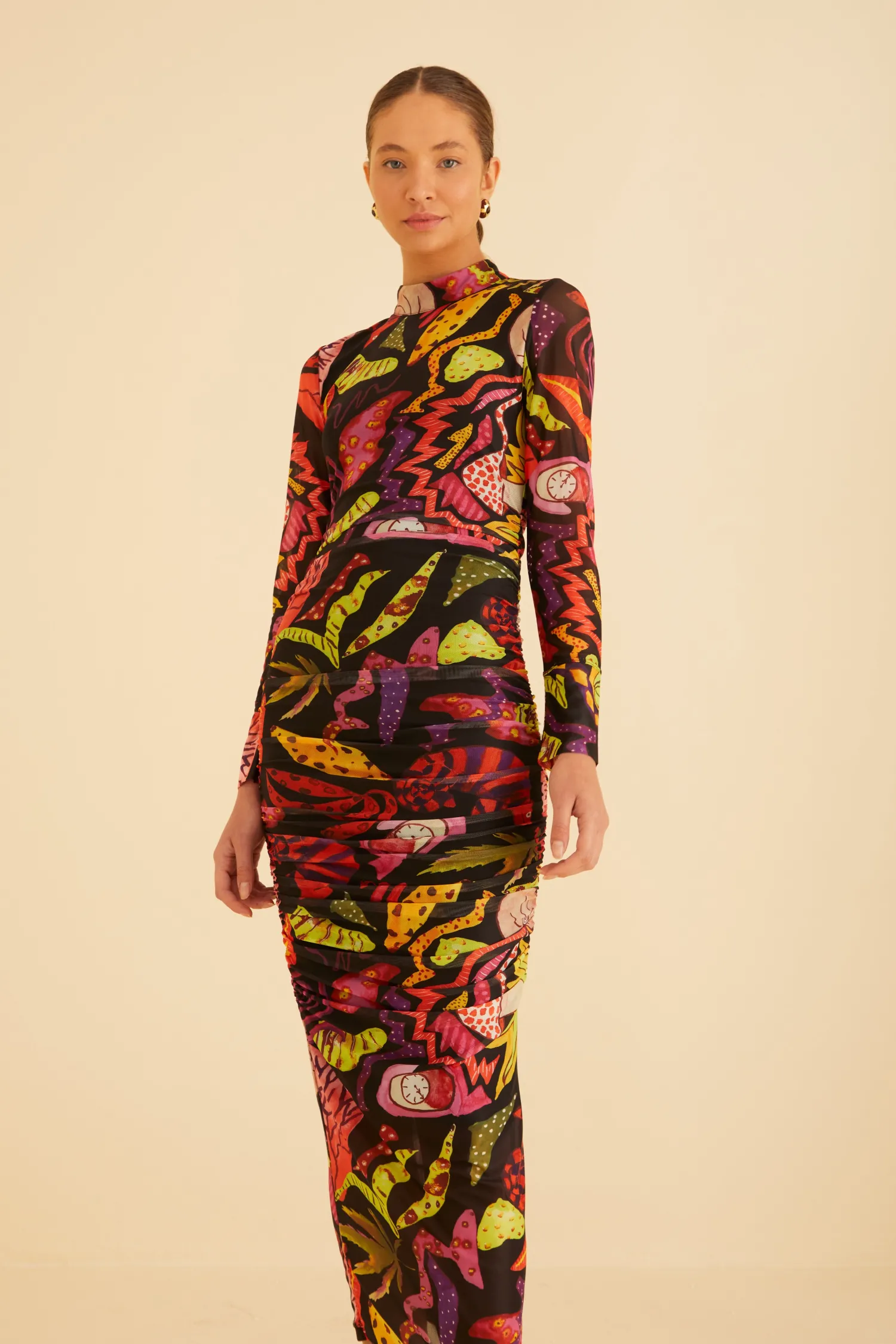 FARM Rio BLACK PSYCHEDELIC GARDEN TULLE MIDI DRESS