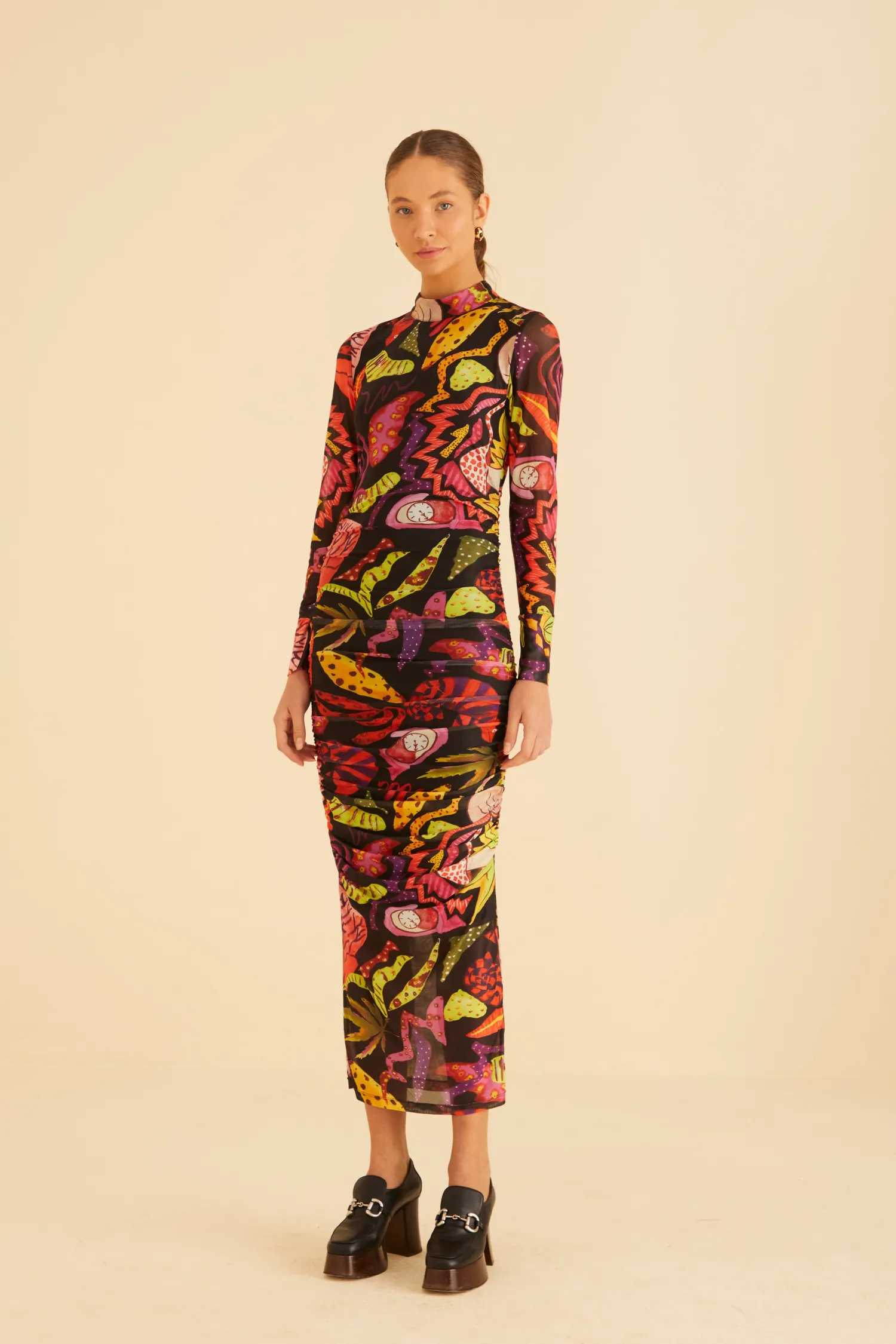 FARM Rio BLACK PSYCHEDELIC GARDEN TULLE MIDI DRESS