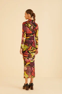 FARM Rio BLACK PSYCHEDELIC GARDEN TULLE MIDI DRESS