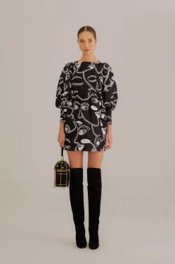FARM Rio  BLACK RICHELIEU FACES MINI DRESS