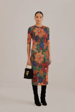 FARM Rio BLACK STITCHED FLOWERS LENZING™ ECOVERO™ VISCOSE MIDI DRESS