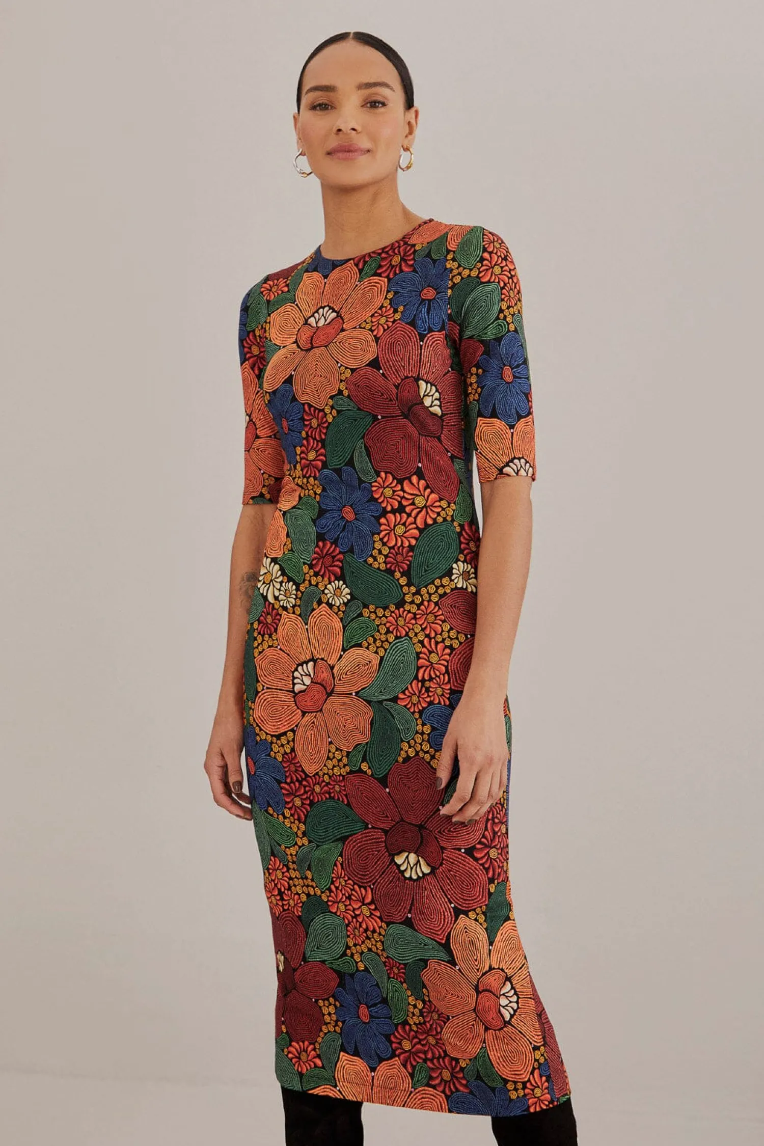 FARM Rio BLACK STITCHED FLOWERS LENZING™ ECOVERO™ VISCOSE MIDI DRESS