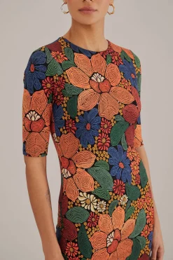 FARM Rio BLACK STITCHED FLOWERS LENZING™ ECOVERO™ VISCOSE MIDI DRESS