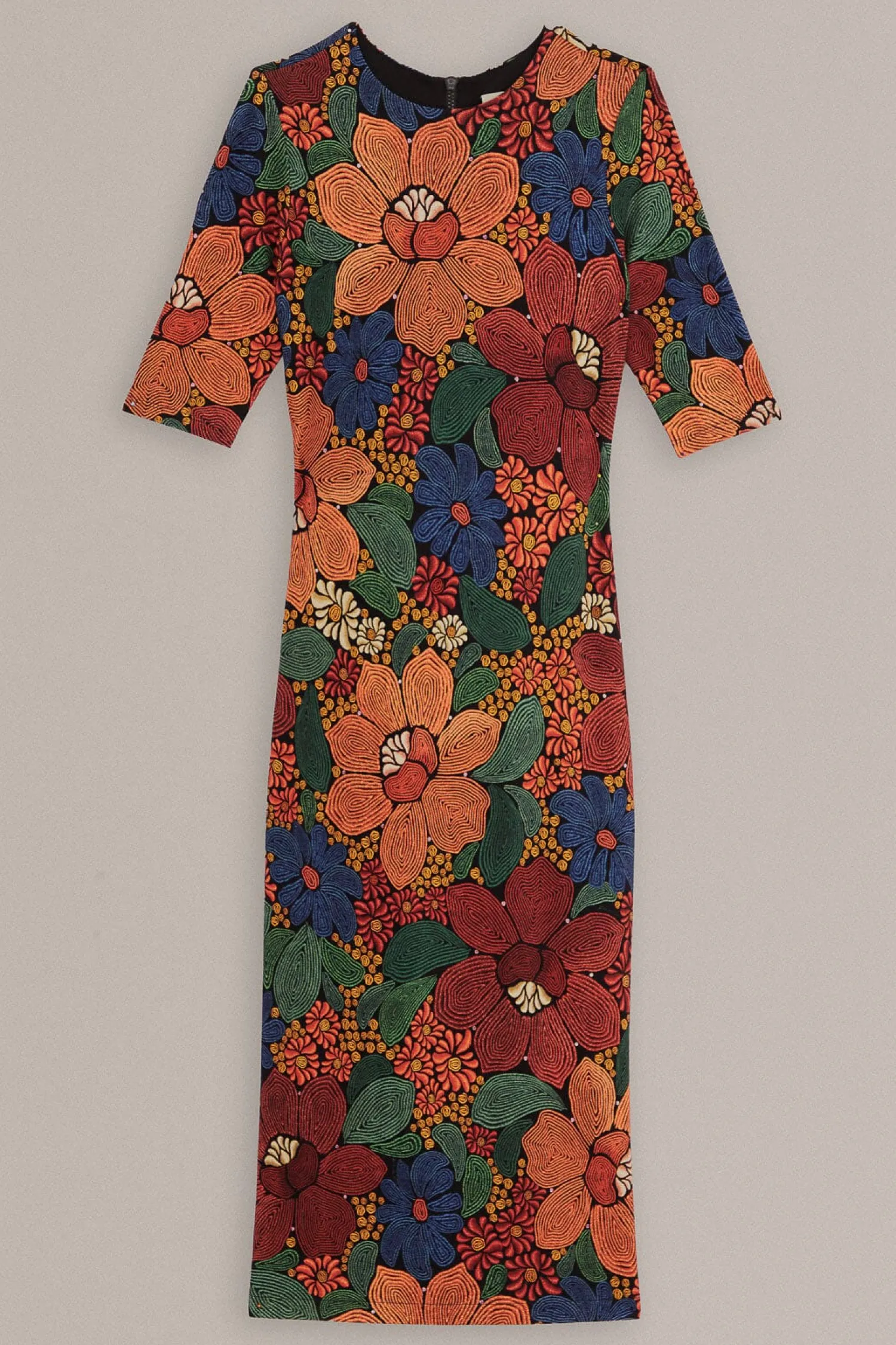 FARM Rio BLACK STITCHED FLOWERS LENZING™ ECOVERO™ VISCOSE MIDI DRESS