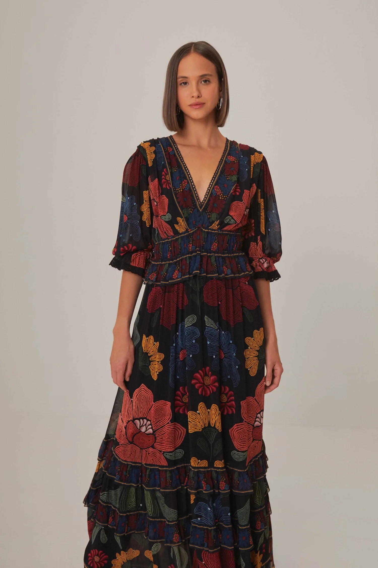 FARM Rio BLACK STITCHED GARDEN SHORT SLEEVE MAXI DRESS